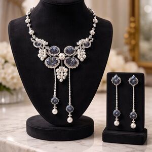 Elegant Silver and Blue Floral Statement Necklace and Earring Set